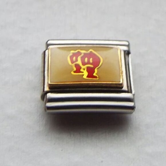 Two cute red aliens on yellow enamel 9mm stainless steel Italian charm link new - Picture 1 of 2